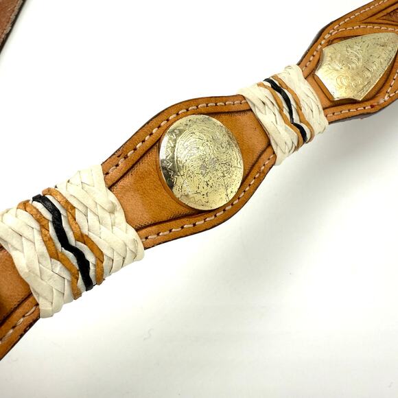 Nocona Western Concho Belt 30 Brown Leather Tooled Basketweave Rawhide Brass - Picture 10 of 12